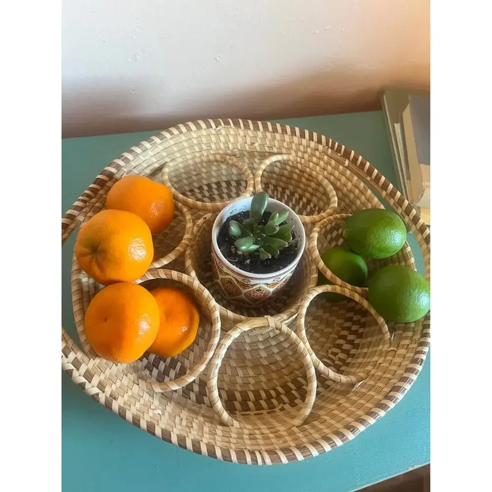 Handwoven Divided Basket Serving Tray | Fruit & Snack Caddy | 15” Diameter